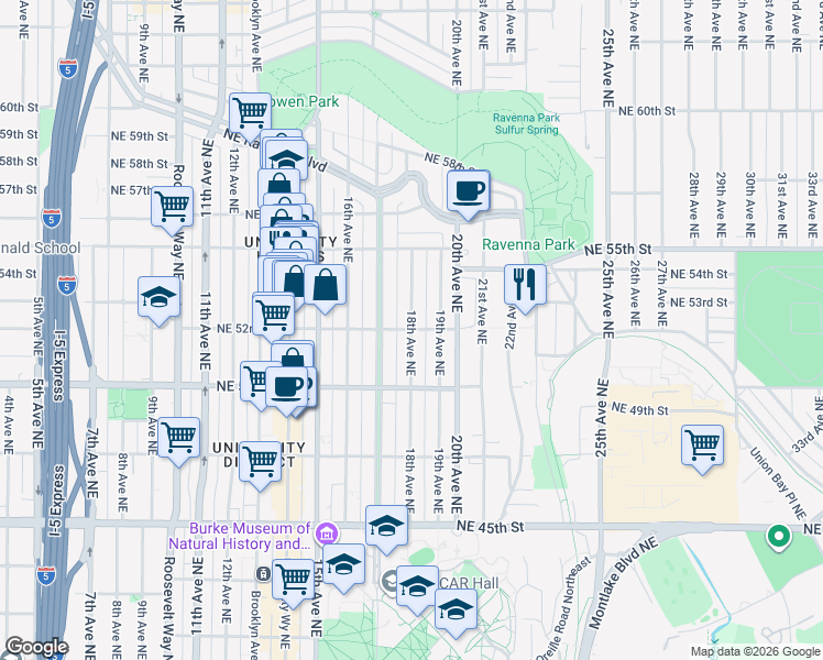 map of restaurants, bars, coffee shops, grocery stores, and more near 18th Avenue Northeast & Northeast 52nd Street in Seattle