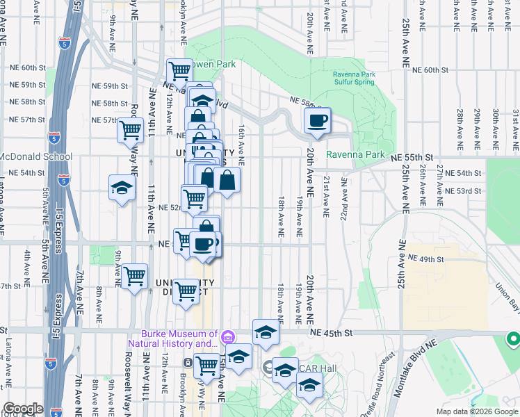 map of restaurants, bars, coffee shops, grocery stores, and more near 17th Avenue Northeast & Northeast 52nd Street in Seattle