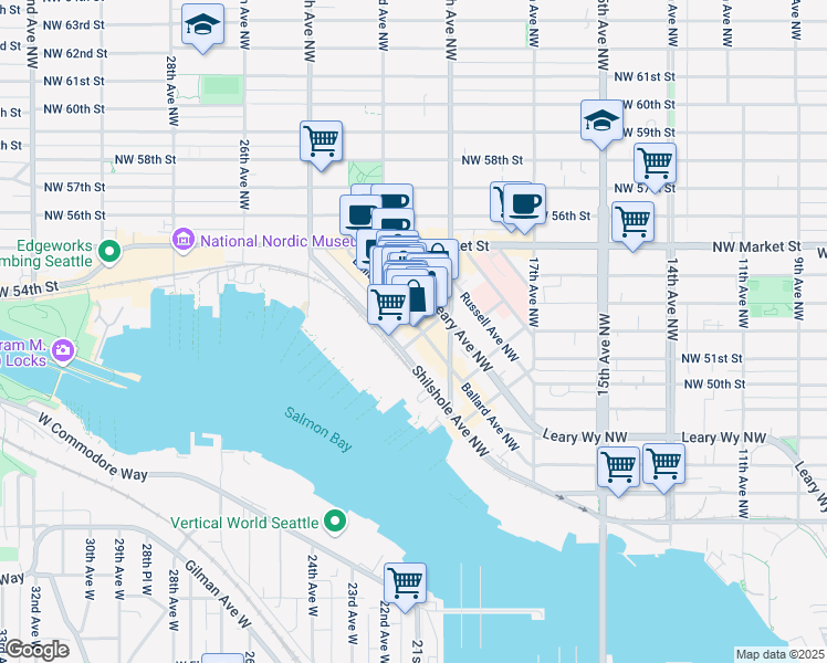 map of restaurants, bars, coffee shops, grocery stores, and more near 2106 Northwest Vernon Place in Seattle