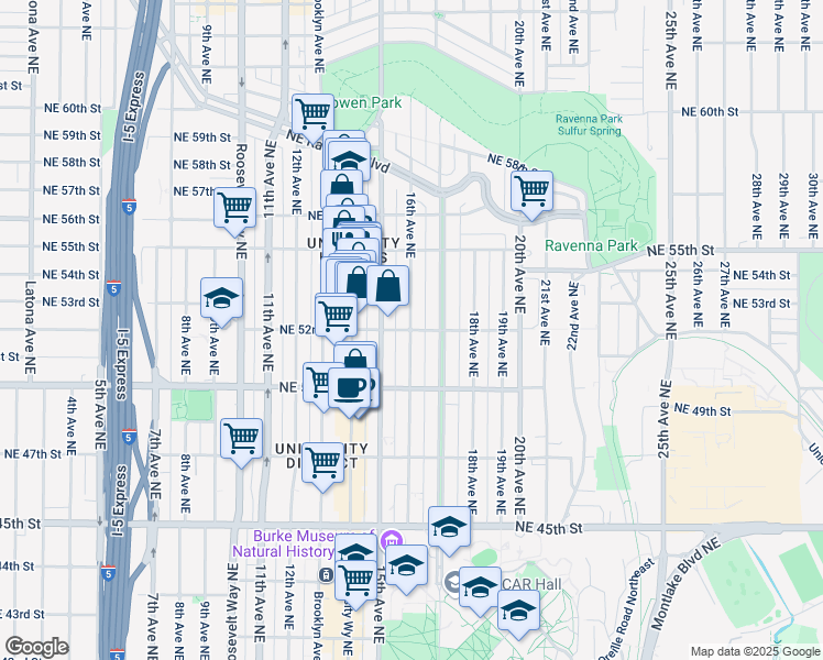 map of restaurants, bars, coffee shops, grocery stores, and more near 16th Ave NE & NE 52nd St in Seattle