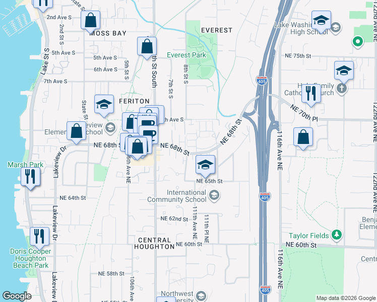 map of restaurants, bars, coffee shops, grocery stores, and more near 11008 Northeast 68th Street in Kirkland