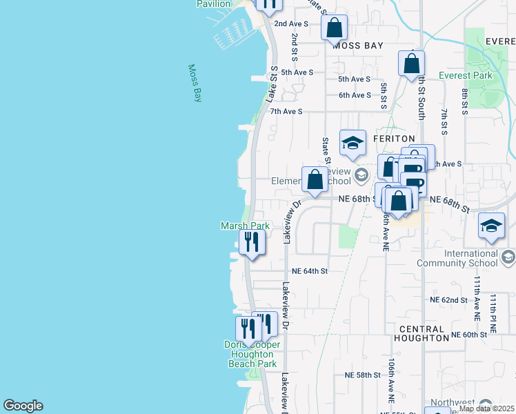 map of restaurants, bars, coffee shops, grocery stores, and more near 6750 Lake Washington Boulevard Northeast in Kirkland