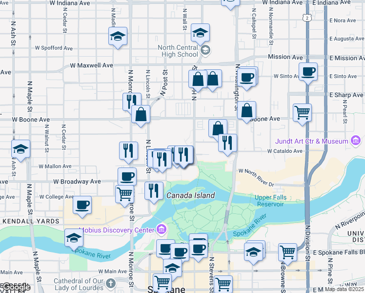 map of restaurants, bars, coffee shops, grocery stores, and more near 720 West Mallon Avenue in Spokane