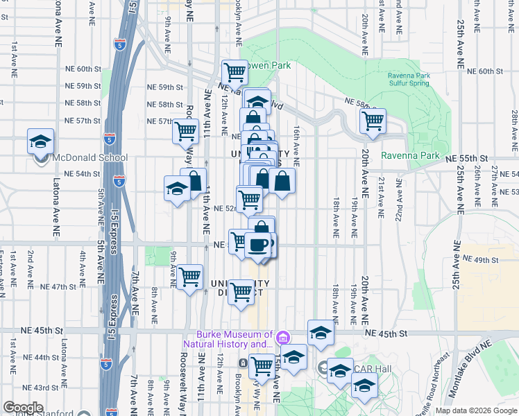 map of restaurants, bars, coffee shops, grocery stores, and more near Northeast 52nd Street & University Way Northeast in Seattle