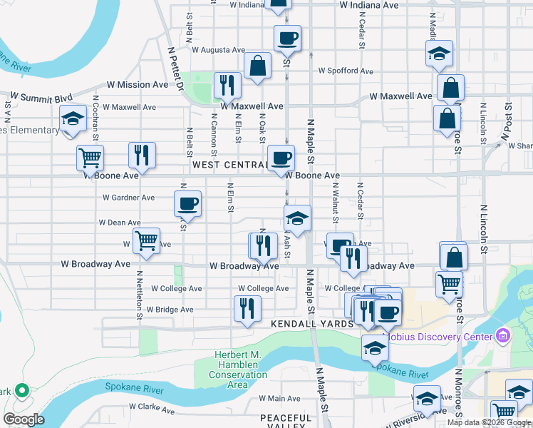 map of restaurants, bars, coffee shops, grocery stores, and more near 1723 West Gardner Avenue in Spokane