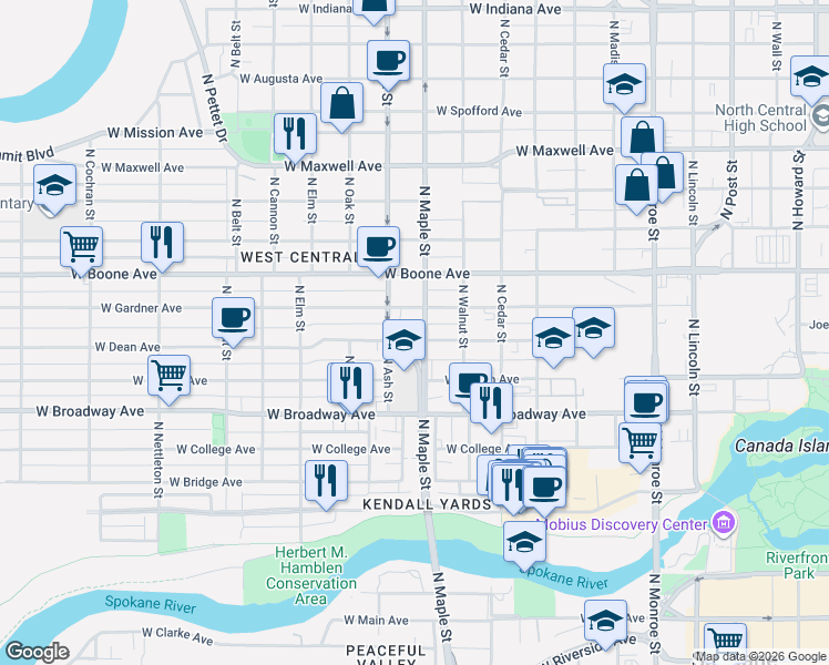 map of restaurants, bars, coffee shops, grocery stores, and more near 1610 West Dean Avenue in Spokane