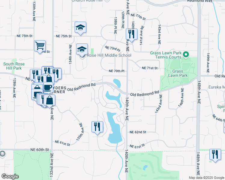 map of restaurants, bars, coffee shops, grocery stores, and more near 13801 Old Redmond Road in Redmond