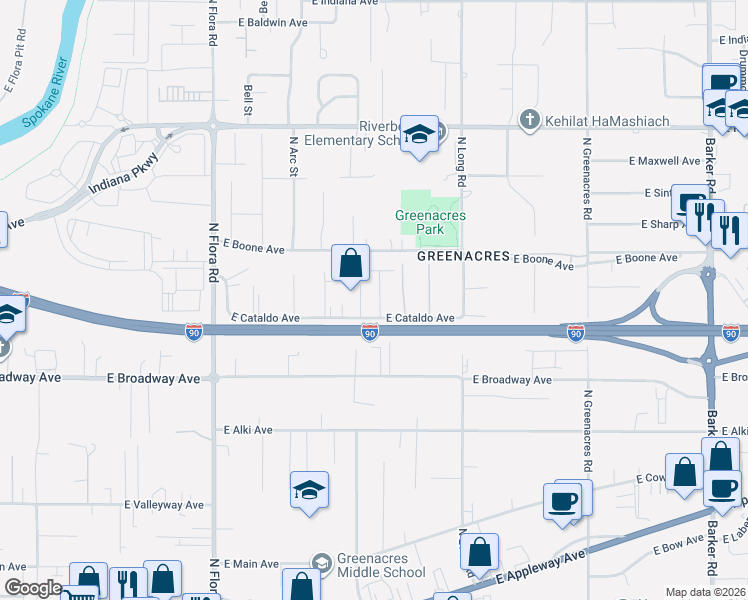 map of restaurants, bars, coffee shops, grocery stores, and more near 1021 North Viewmont Road in Spokane Valley