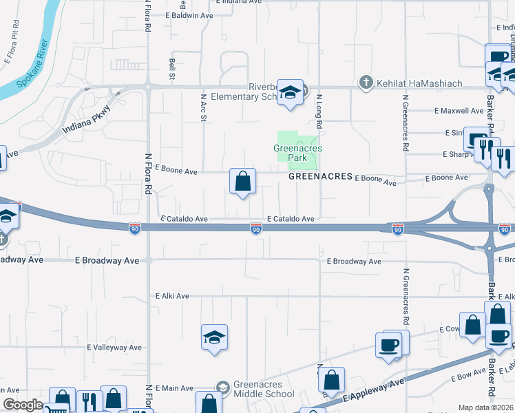 map of restaurants, bars, coffee shops, grocery stores, and more near 1021 North Viewmont Road in Spokane Valley