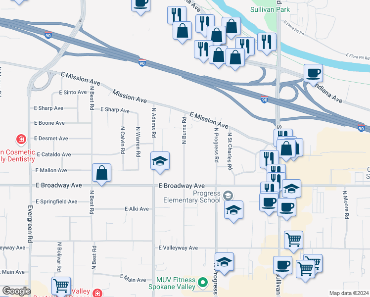 map of restaurants, bars, coffee shops, grocery stores, and more near 1022 North Burns Road in Spokane Valley