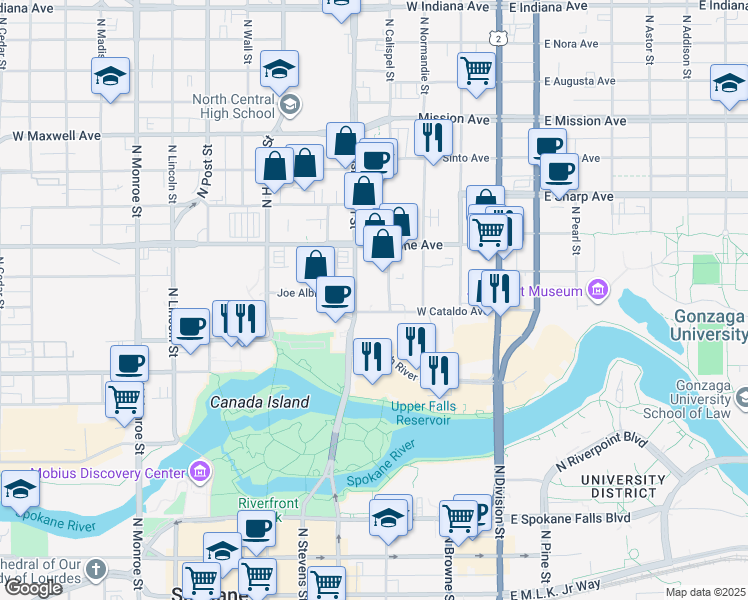 map of restaurants, bars, coffee shops, grocery stores, and more near 1004 North Washington Street in Spokane