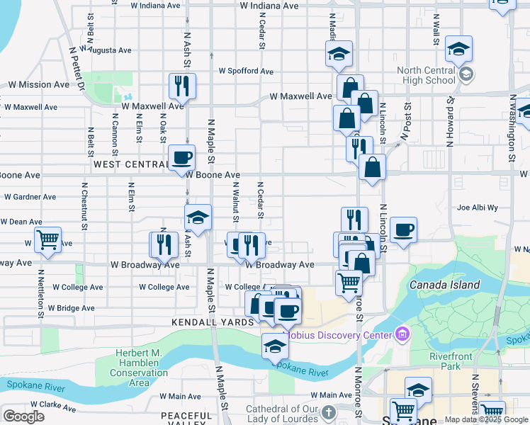 map of restaurants, bars, coffee shops, grocery stores, and more near 1319 West Gardner Avenue in Spokane