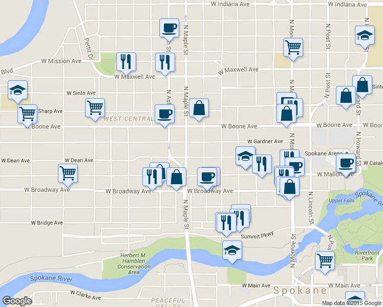 map of restaurants, bars, coffee shops, grocery stores, and more near in Spokane