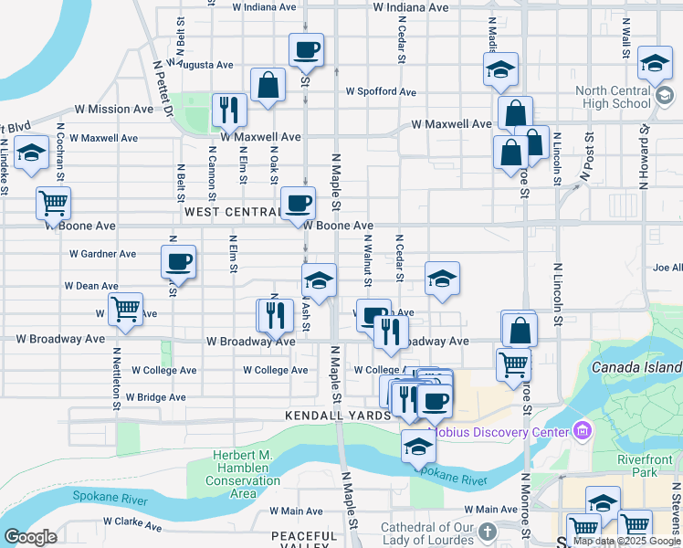 map of restaurants, bars, coffee shops, grocery stores, and more near in Spokane