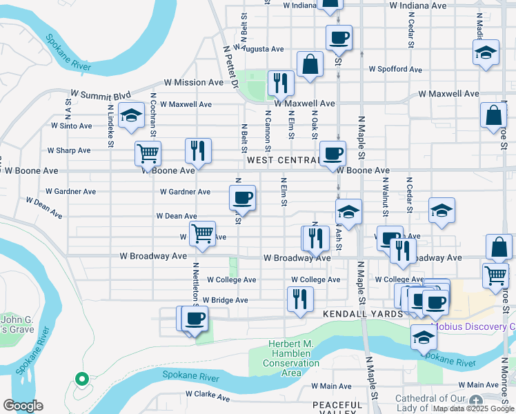 map of restaurants, bars, coffee shops, grocery stores, and more near 2024 West Gardner Avenue in Spokane