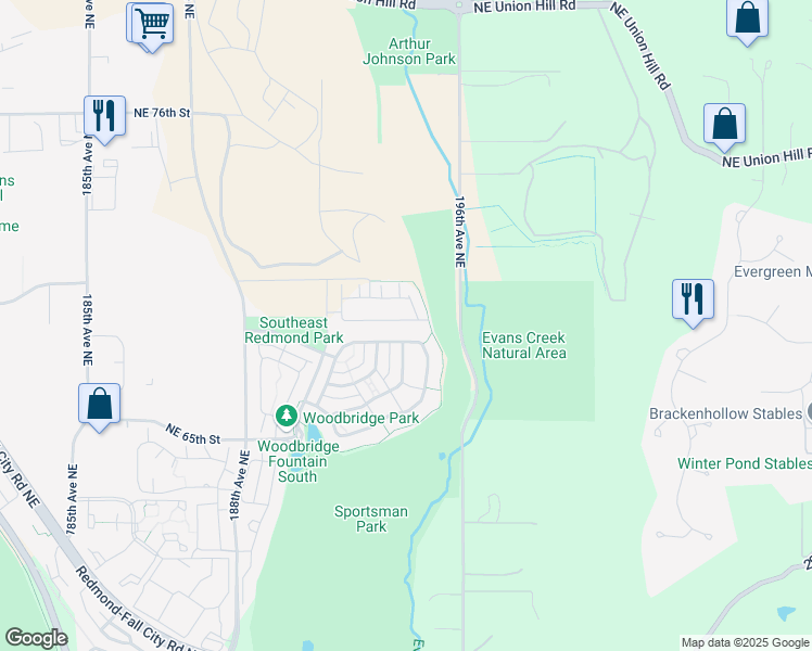 map of restaurants, bars, coffee shops, grocery stores, and more near Evans Creek Trail in Redmond