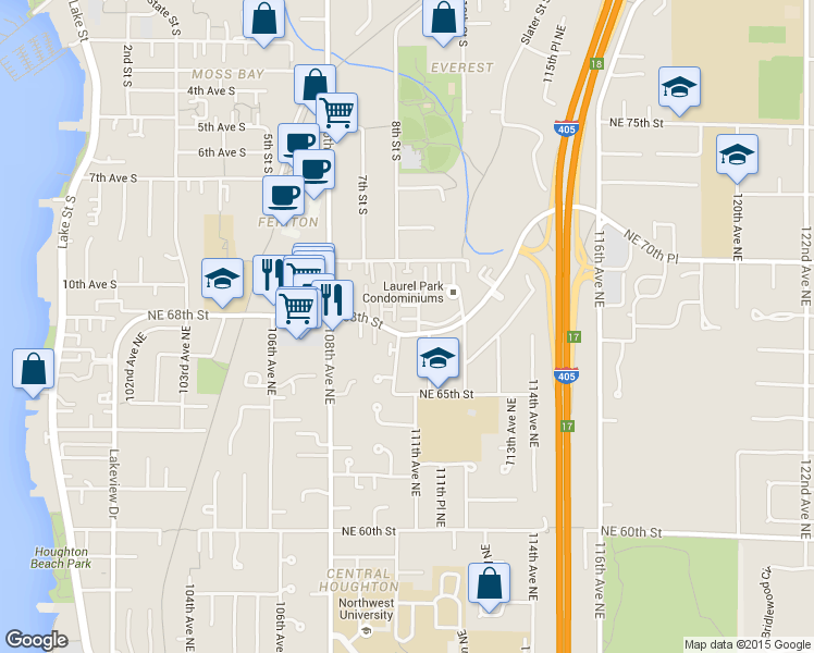 map of restaurants, bars, coffee shops, grocery stores, and more near 11006 Northeast 68th Street in Kirkland