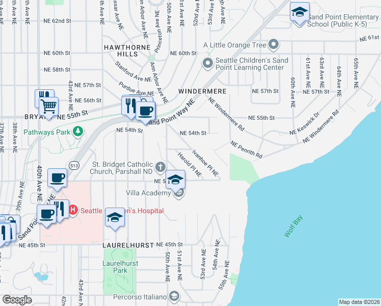 map of restaurants, bars, coffee shops, grocery stores, and more near 5205 Ivanhoe Place Northeast in Seattle