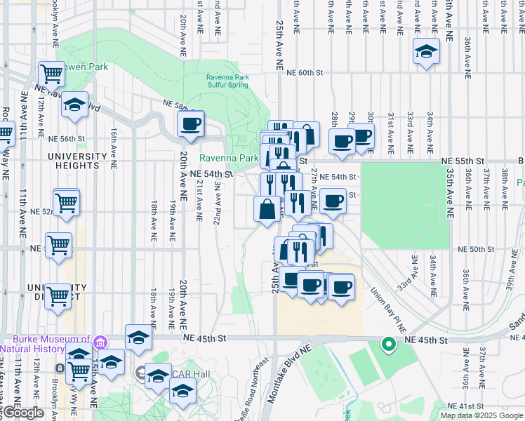 map of restaurants, bars, coffee shops, grocery stores, and more near 5101 25th Avenue Northeast in Seattle