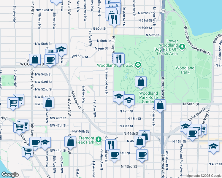 map of restaurants, bars, coffee shops, grocery stores, and more near 5218 Greenwood Avenue North in Seattle