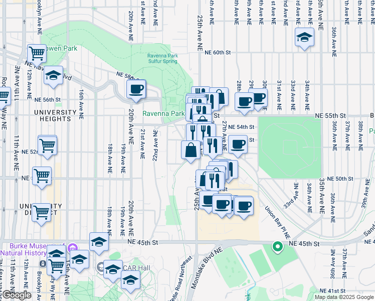 map of restaurants, bars, coffee shops, grocery stores, and more near in Seattle