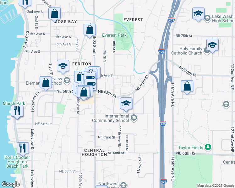 map of restaurants, bars, coffee shops, grocery stores, and more near 11006 Northeast 68th Street in Kirkland