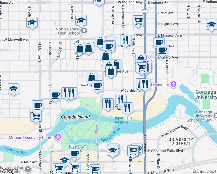 map of restaurants, bars, coffee shops, grocery stores, and more near 1004 North Washington Street in Spokane