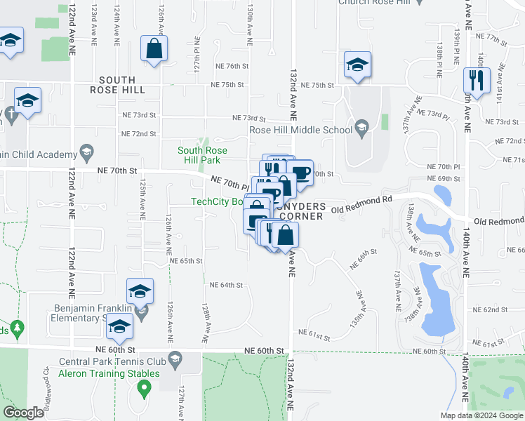 map of restaurants, bars, coffee shops, grocery stores, and more near 13033 Northeast 70th Place in Kirkland