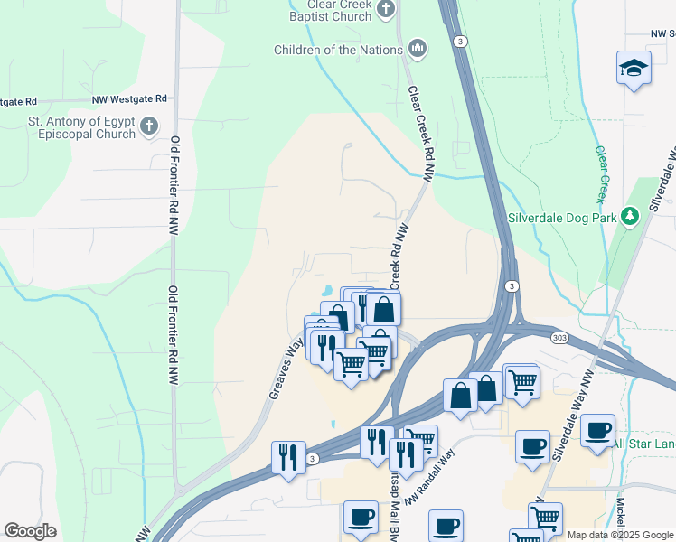 map of restaurants, bars, coffee shops, grocery stores, and more near 11421 Clear Creek Road Northwest in Silverdale