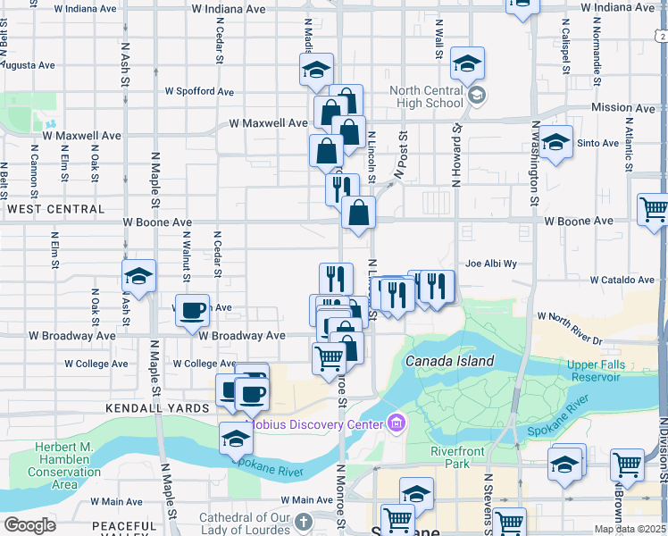 map of restaurants, bars, coffee shops, grocery stores, and more near 13 West Gardner Avenue in Spokane