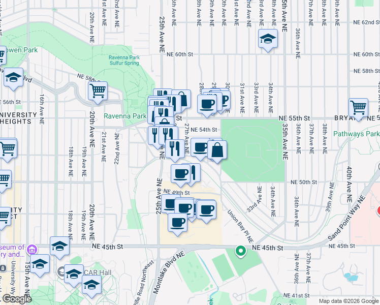 map of restaurants, bars, coffee shops, grocery stores, and more near 2715 Northeast 53rd Street in Seattle
