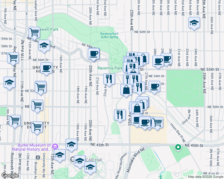 map of restaurants, bars, coffee shops, grocery stores, and more near Northeast 52nd Street in Seattle