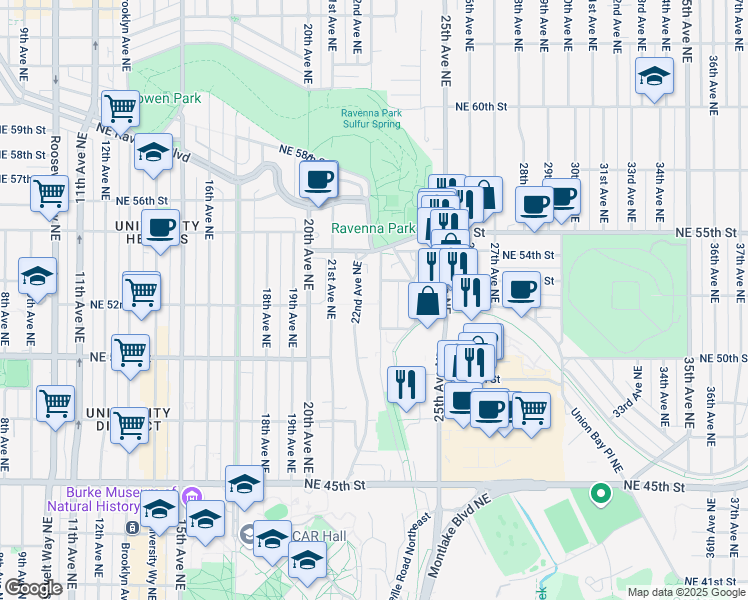 map of restaurants, bars, coffee shops, grocery stores, and more near 5222 22nd Avenue Northeast in Seattle