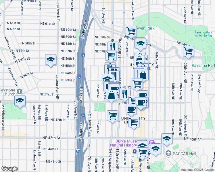 map of restaurants, bars, coffee shops, grocery stores, and more near 5040 9th Avenue Northeast in Seattle
