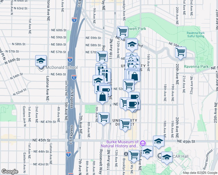 map of restaurants, bars, coffee shops, grocery stores, and more near 5214 11th Avenue Northeast in Seattle
