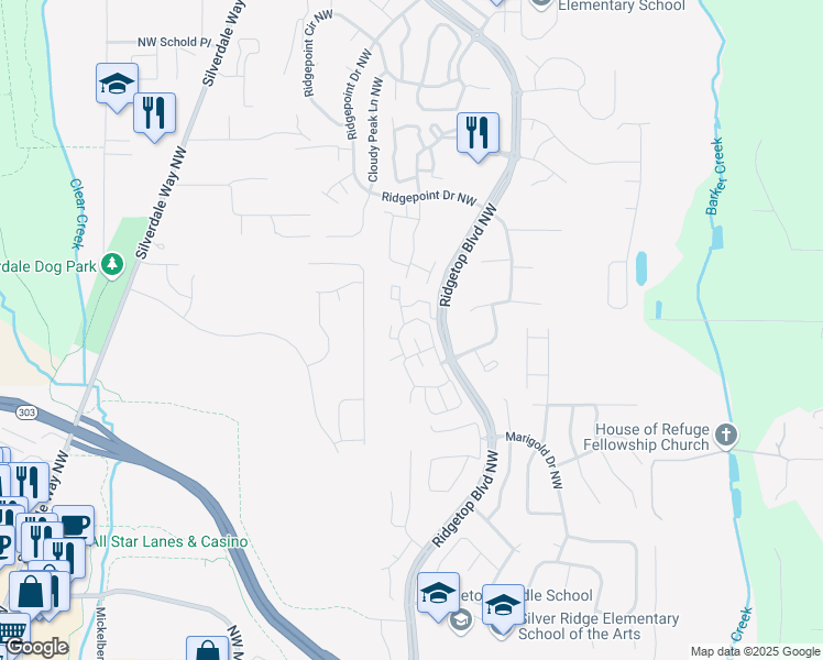 map of restaurants, bars, coffee shops, grocery stores, and more near 1409 Northwest Santa Fe Lane in Silverdale