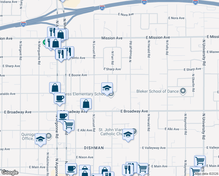 map of restaurants, bars, coffee shops, grocery stores, and more near 1103 North Macarthur Road in Spokane Valley