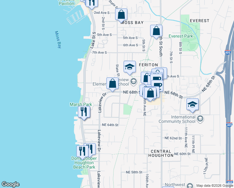 map of restaurants, bars, coffee shops, grocery stores, and more near 1017 State Street in Kirkland