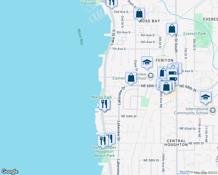 map of restaurants, bars, coffee shops, grocery stores, and more near 1002 Lake Street South in Kirkland