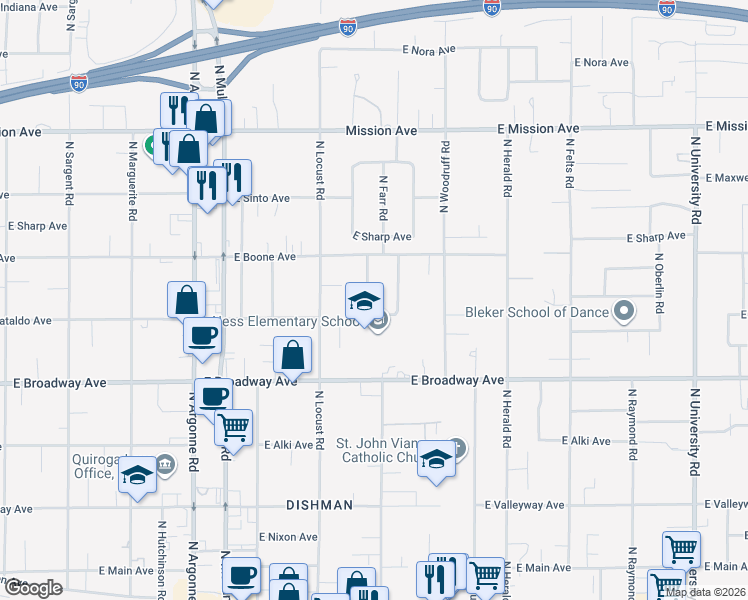 map of restaurants, bars, coffee shops, grocery stores, and more near 1103 North Macarthur Road in Spokane Valley