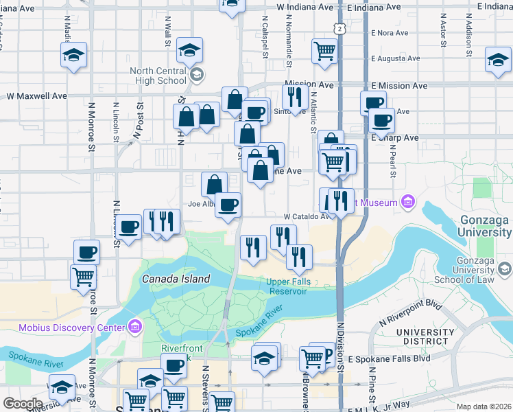 map of restaurants, bars, coffee shops, grocery stores, and more near 1004 North Washington Street in Spokane