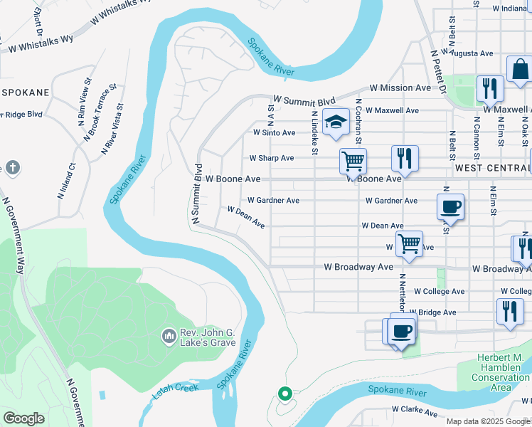 map of restaurants, bars, coffee shops, grocery stores, and more near 2919 West Gardner Avenue in Spokane