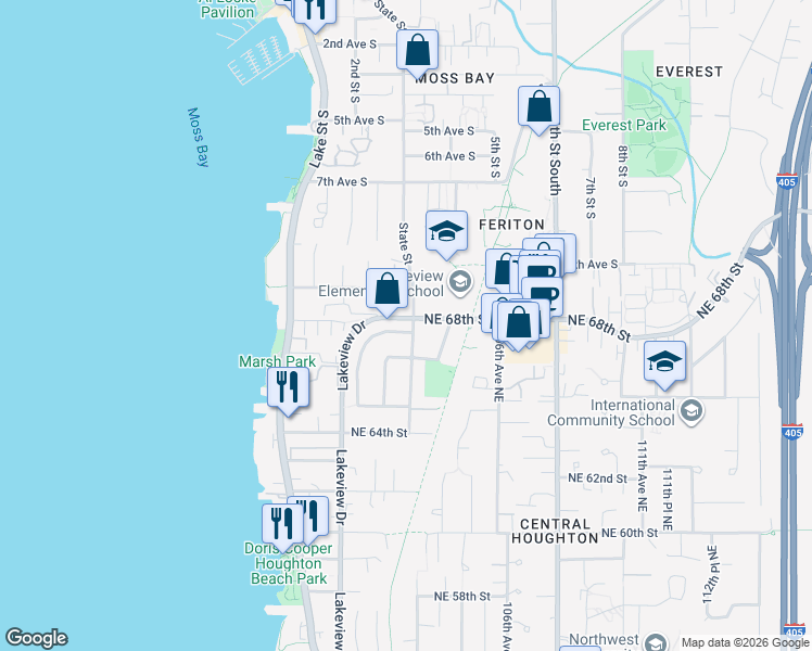 map of restaurants, bars, coffee shops, grocery stores, and more near 1017 State Street in Kirkland