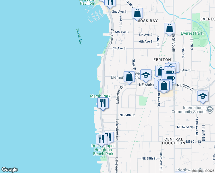 map of restaurants, bars, coffee shops, grocery stores, and more near 1002 Lake Street South in Kirkland
