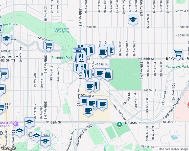 map of restaurants, bars, coffee shops, grocery stores, and more near 2715 Northeast 53rd Street in Seattle