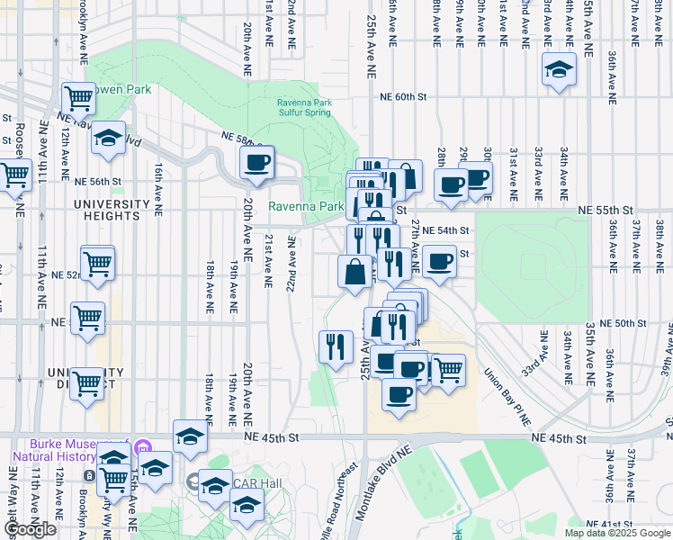 map of restaurants, bars, coffee shops, grocery stores, and more near 2269 Northeast 53rd Street in Seattle