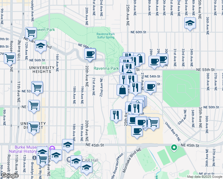 map of restaurants, bars, coffee shops, grocery stores, and more near 2269 Northeast 53rd Street in Seattle