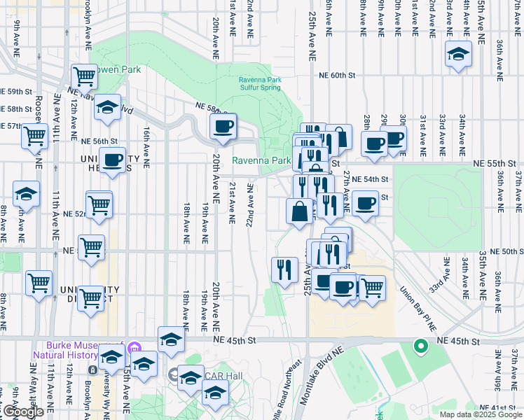 map of restaurants, bars, coffee shops, grocery stores, and more near 5222 22nd Avenue Northeast in Seattle