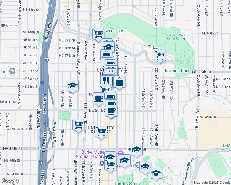 map of restaurants, bars, coffee shops, grocery stores, and more near 5218 15th Avenue Northeast in Seattle