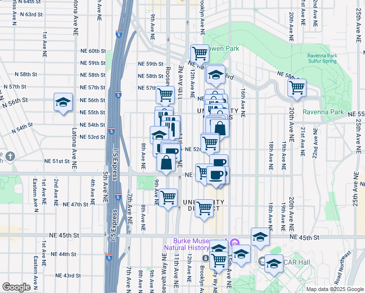 map of restaurants, bars, coffee shops, grocery stores, and more near 5214 11th Avenue Northeast in Seattle